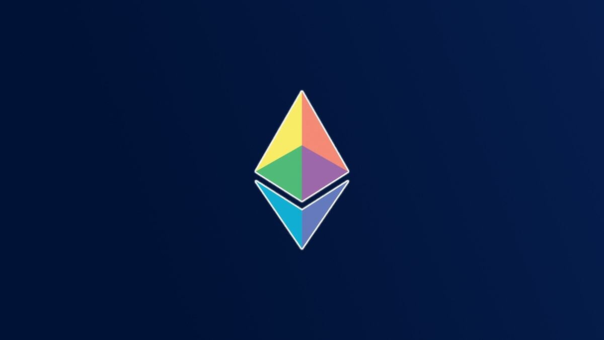 The Ethereum logo splashed on a navy blue background 