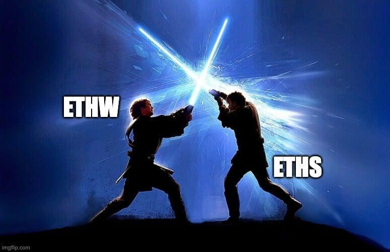 Anakin Skywalker as ETHW battling Obi Wan Kenobi as ETHS showing how it's a battle between two ideologies